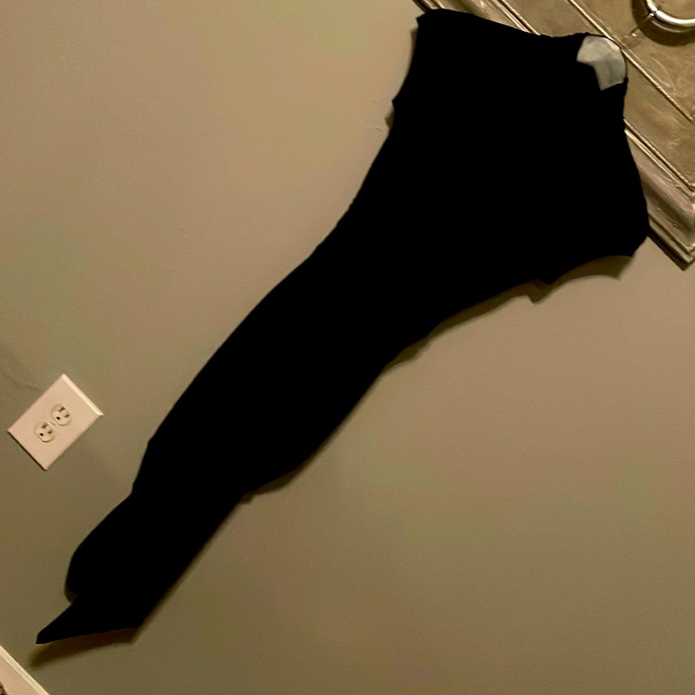 Cache Black Long Dress Turtleneck Rushed front long asymmetric front. Size 2